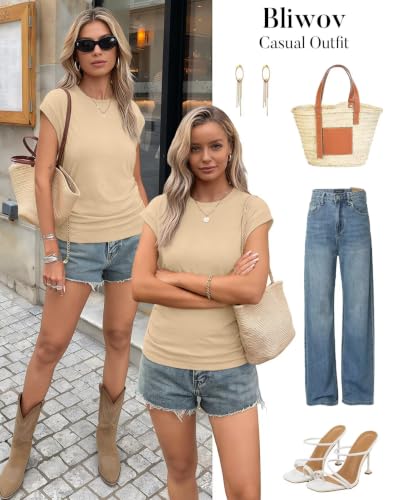 Image of Bliwov Womens Summer Tops Cap Sleeve Crew Neck Casual T Shirts