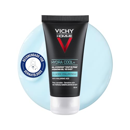 Vichy Gel Hidratante, Sensación de Frescor Inmediata, Efecto Frío -2, Hidratación, Enriquecido con Ácido Hialurónico, Apto para Pieles Secas, Homme Hydra Cool+, 50ml