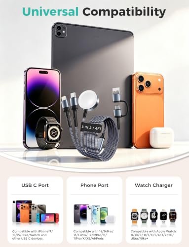 Image of Travel Essentials for Apple Watch Charger,Cruise Vacation Camping Essentials,iPhone Charger,Multi Charging Cable,3 in 2 Charging Docks for iWatch Series 11-2 /Ultra,iPhone 17-12,Car-Gunmetal