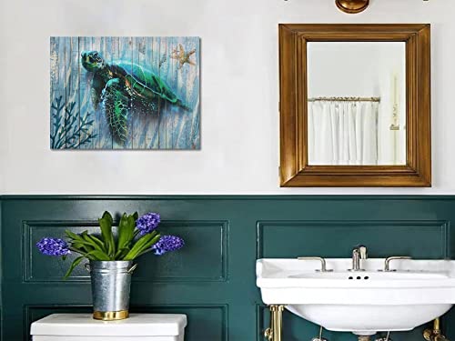 Arjun Bathroom Decor Blue Wall Art Canvas Green Sea Turtle Teal Submarine Picture, Blue Modern Landscape Painting Framed For Living Room Bedroom Home Office Wall Decor, 16"X12" #TOP3