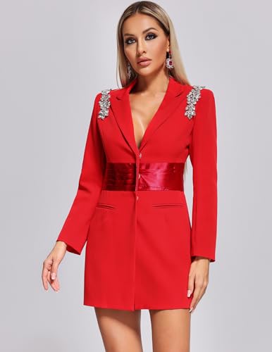 Belted Lapel Blazer Dress Long Sleeve Womens Blazer Elegant Red Blazer2