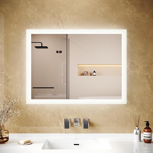 LOMIKEN Espejo de baño con iluminación – 80 x 60 x 3,5 cm espejo LED para baño, 6400 K blanco frío, marco de aluminio, cristal a prueba de explosiones, bordes de 40 mm de vidrio esmerilado, ahorro de