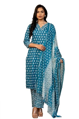 Image of MIRCHI FASHION Women's Straight Fit Pure Cotton Floral Printed Kurta Set with Dupatta and Pant