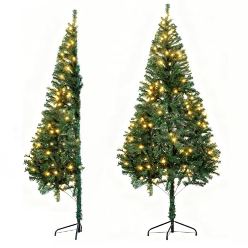 6FT Artificial Half Christmas Tree with Lights Green Easy to Assemble Comes with a Sturdy Metal Stand Space saving for Christmas corner decorations and Christmas party decorations(Green)