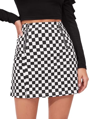 WDIRARA Women's Elegant Mid Waist Above Knee O-Ring Zipper Plaid Mini Skirt Black and White Checked S