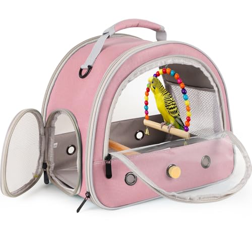 Image of Portable Parrot Travel Cage Carrier with Small Swing Toy&Cage Colorful Toys Set Small Bird Parakeet Bag with Standing Perch Bird Carry Transport Bag (Pink, Carrier /Swing)