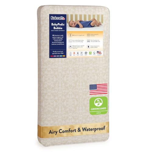 Image of Kolcraft BabyPedic Bubbie Waterproof Crib and Toddler Mattress, Extra-Firm Coil Support, Breathable Comfort, Non-Toxic, GREENGUARD Gold Certified, Made in USA, 52x28, Natural