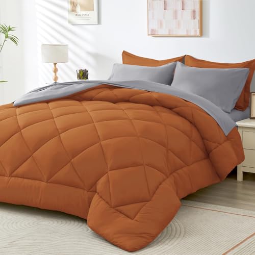 HEVUMYI King Comforter Set - 7-Piece All Season Bed in a Bag King, Ultra Soft Bedding Set with Comforter, Flat Sheet, Fitted Sheet, Pillowcases, Pillow Shams, Orange & Light Grey