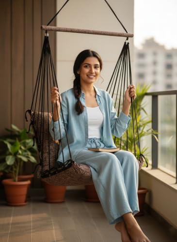 Image of Patiofy Jhula for Balcony /Swing for Balcony for Adult /Jhoola for Home /Wooden Swing Indoor /Hammock /Suitable for Indoor & Outdoor / 120Kgs Weight Bearing Capacity (Texture Light Brown)