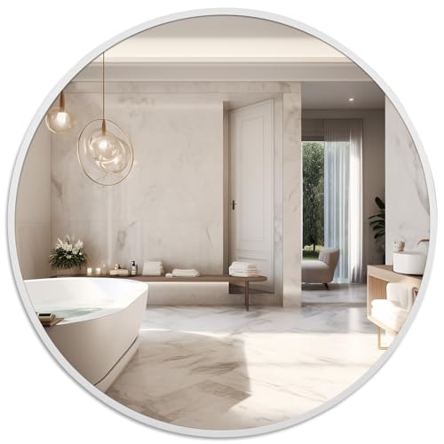 Image of Space Art Deco, 20 inch White Round Mirror, Circle Wall Mirror for Bathroom, Living Room, Bedroom, Decor, Vanity and More Decorative Aluminum Circular Mirrors