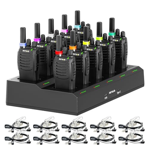 Retevis H-777 Walkie Talkies for Adults Long Range 2 Way Radio with Earpieces 10 Way Multi Gang Charger Type C Rechargeable Handheld Two-Way Radios for Security School Church(10 Pack Black)