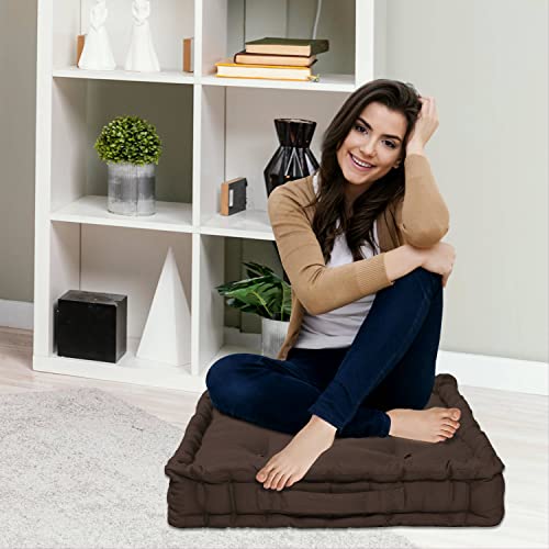 Image of HOME COLORS.IN Cotton Floor Cushion Square Chair Pad Seat Cushion for Living Room, Bedroom, Balcony Seating, Car Seat, Office Chair, Sofa & Meditation - 50x50x10 cm - Brown