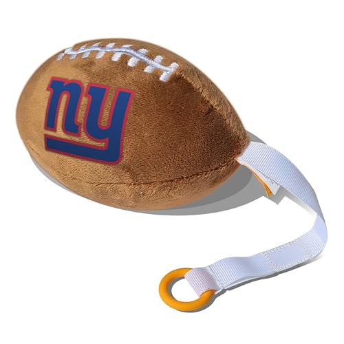 Image of New York Giants Plush Football Pacifier Holder by Smilo - Officially Licensed NFL Soother Holder - Soft Plush Toy and Dummy Holder - Fits Any Pacifier - Stroller Accessory & Newborn Essential