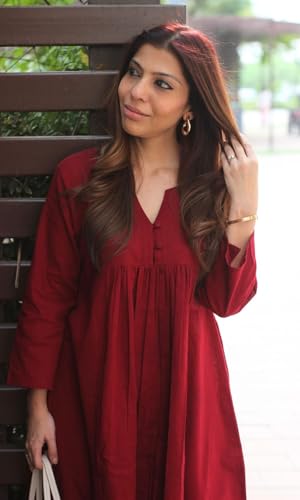 Image of Women's Red Rayon Kurta Set with Pants, V-Neck Long Sleeve Gathered Empire Waist Casual Ethnic Wear