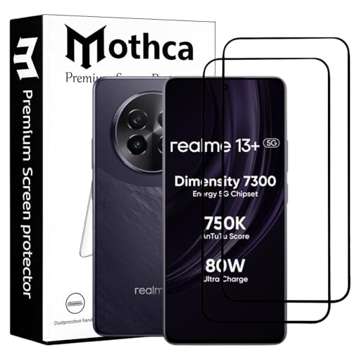 Image of Mothca Military-Grade Tempered Glass Screen Protector Compatible for Realme 13+ with Edge to Edge Coverage - Case Friendly, Anti-Scratch & Bubble-Free Installation Kit (Pack of 2)