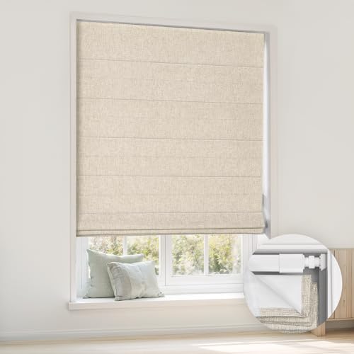 LazBlinds No Tools No Drill Cordless Roman Shades for Windows, Blackout Thermal Insulated UV Blocking Window Blinds, Room Darkening Fabric Blinds for Indoor Windows, 31'' W x 64'' H, Beige