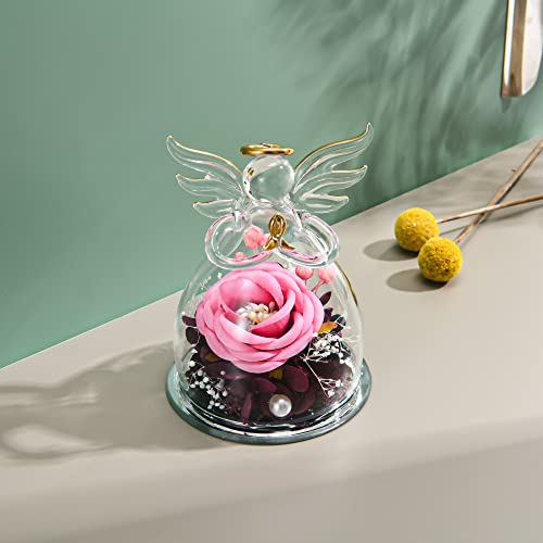 Bievenide Preserved Flowers Mothers Day Glass Angel Gifts For Women Grandma Mom From Daughter Valentine Day Gifts For Mom Wife Her Rose Pink Artificial Flowers In Glass Birthday Gifts For Mom #TOP1