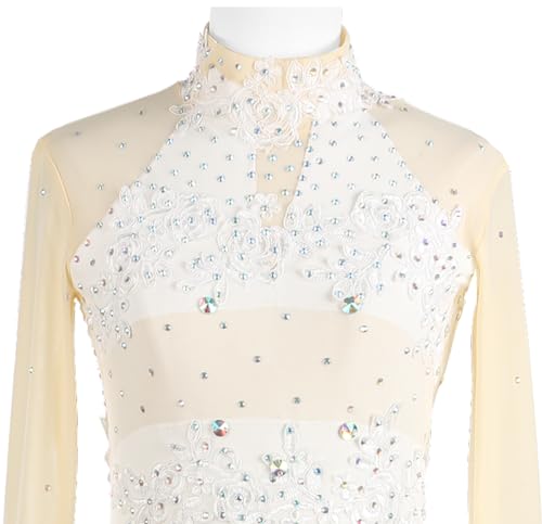 Vestido profissional de patinação artística branco bordado com manga longa floral feito à mão vestid