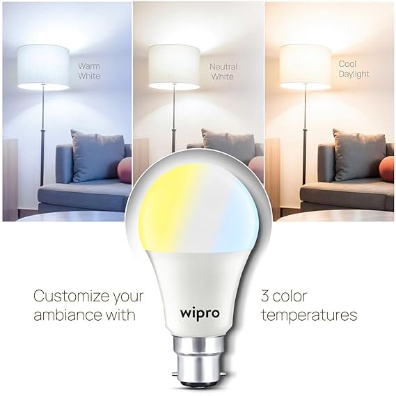 Image of wipro Garnet 9W CCT 3-in-1 LED Bulb for Home & Office | Mood Lighting for ambiance | 240 Degree wide Coverage | 4 KV In-built Surge Protection, 420 V High Voltage Protection | Pack of 20