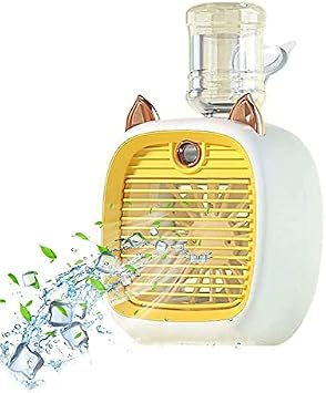 Mini Portable Ac Unit with Water Bottle, Kids Portable Air Conditioner Fan, Mini Rechargeable Evaporative Air Cooler in 3 Speed, USB Personal Air Conditioner Fan & Humidifier Yellow