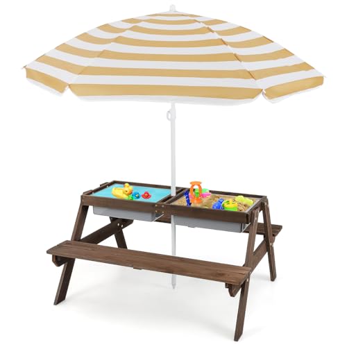 HONEY JOY Kids Picnic Table, 4 in 1 Cedar Wooden Sand & Water Table w/ 3 Removable Box & Umbrella, Kids Picnic Tables for Outdoors Backyard Garden, Toddler Patio Furniture Set for Boys Girls(Walnut)