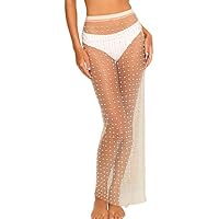 Gsheocm Vestido de playa de encaje azul sexy falda de medio cuerpo transparente de malla con correa de perlas y diamantes para mujer, beige, S