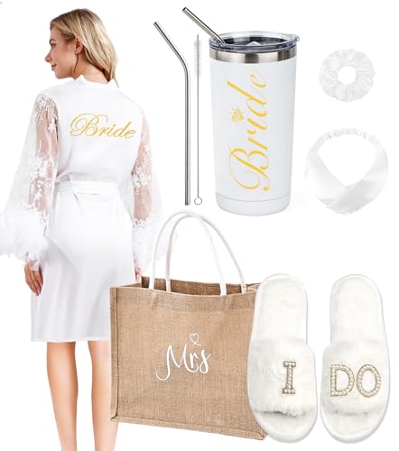 EPLAZA Bride Robe for Wedding Day Set with Slippers Tumbler Tote Bridal Robes Feather Lace Satin Robe for Bachelorette Party