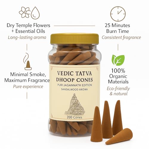 Image of Sandalwood Dhoop Cones for Pooja - Premium Pack of 200 | Natural Chandan Dhoop Cones Made with Pooja Flowers & Agarwood Blend | Long-Lasting Fragrance for Meditation, Prayer & Aromatherapy
