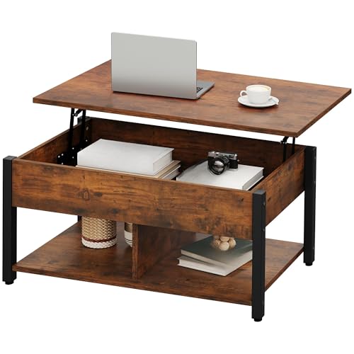 YITAHOME Lift Top Coffee Table, Coffee Tables with Large Hidden Storage Wood Coffee Table Lift Up Center Table for Living Room, Office, Rustic Brown