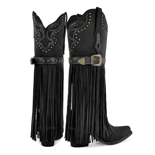 Richealnana Women's Fringe Pointed Toe Block Heel Pull On Metal Buckle Western Cowboy Boots3