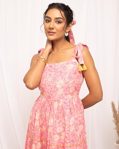 Image of FIORRA Women's Fit And Flare Knee Length Cotton Block Printed Western Knee-Length Dress