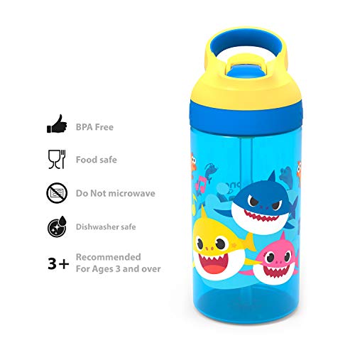 Zak Designs Baby Shark Kids Water Bottle With Straw And Built In Carrying Loop Made Of Durable Plastic, Leak-Proof Design (16 Oz #TOP5