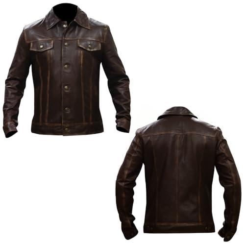 Image of Men's Genuine Leather Trucker Jacket Vintage Motorcycle Black Western Biker Slim Fit Trucker Jacket