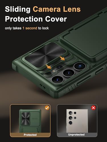 Image of Vihibii PC For Samsung Galaxy S24 Ultra Back Cover With Card Holder (4 Cards) & Slide Camera & Kickstand, Shockproof Case For Samsung S24 Ultra, Green