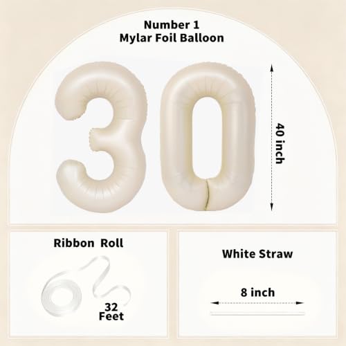 Image of Number Balloons for Birthday Decorations - 40 Inch Large Party Balloons 30, Cream Foil Number Balloons for Boys Girls, Balloons for Party Supplies