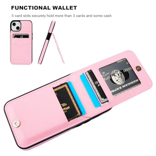 Image of KIHUWEY Compatible with iPhone 13 Case Wallet with Credit Card Holder, Premium Leather Magnetic Clasp Kickstand Heavy Duty Protective Cover for iPhone 13 6.1 inch (Pink)