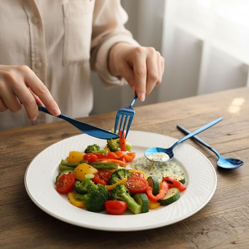 Image of 20 Pcs Blue Cutlery Set for Dining Table the Perfect Lightweight Silim Handle Tableware Including Dinner Spoon, Dinner Fork, Dinner Knife, Dessert Spoon & Dessert Fork