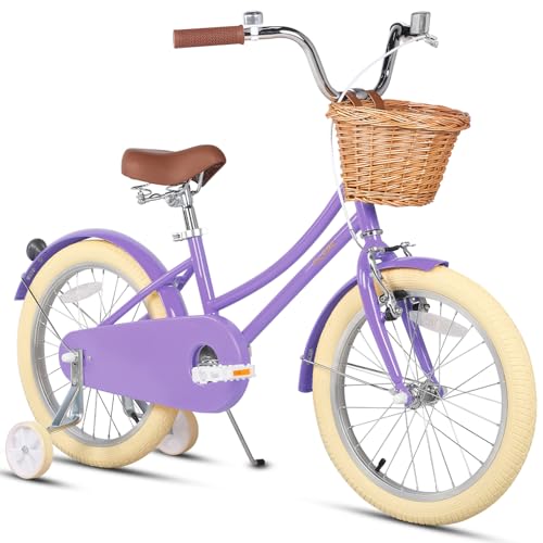 Image of Glerc Little Molly 12-20 Inch Kids Retro Cruiser Bike for 2-13 Year Old with Wicker Basket & Training Wheels /Kickstand, Multiple Colors