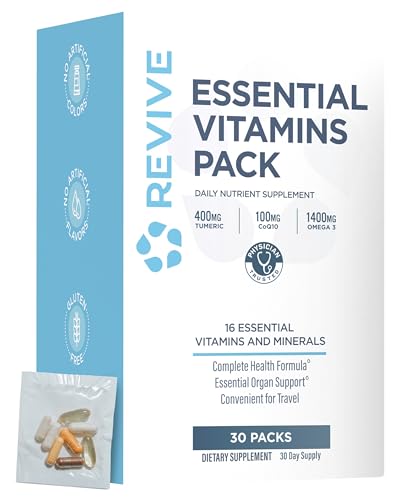 Revive MD Essential Vitamin Packs for Men & Women Daily Multivitamin Packets with Arjuna & Turmeric Extract Supports Heart Joint & Organ Health Travel-Friendly Vitamin Supplement (30 Servings)