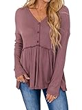 PINKMSTYLE Women's Long Sleeve V Neck Tops Button Up Ruffle Babydoll Tunics Waffle Peplum Blouse...