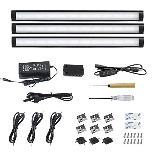 Preisvergleich Produktbild KARA-LUMEN LED Unterbauleuchte Küchenleuchte, 30cm 12V Lichtleiste, Dimmbare, Warmweiß 3000K, 3 pack Kit Schwarz, Schrankleuchte Vitrinenbeleuchtung, Alle Zubehör inkl. [Energieklasse A+]