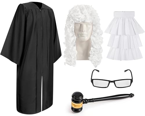 Hillban 5 Pcs Halloween Judge Costume Accessory Judge Robe False Collar Wooden Gavel Wig and Glasses for Halloween Cosplay(Fabric Collar 45(50-52))