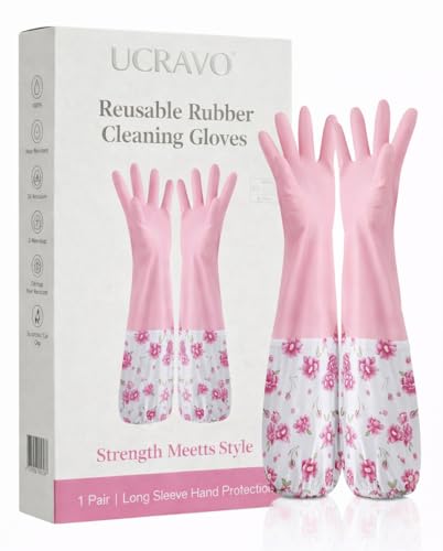 Image of UCRAVO 1Pair Reusable Rubber Cleaning Gloves for Kitchen Dishwashing, Bathroom, Laundry & Household Cleaning - Waterproof, Heat Resistant, Non-Slip Grip, Long Sleeve Hand Protection for Men & Women
