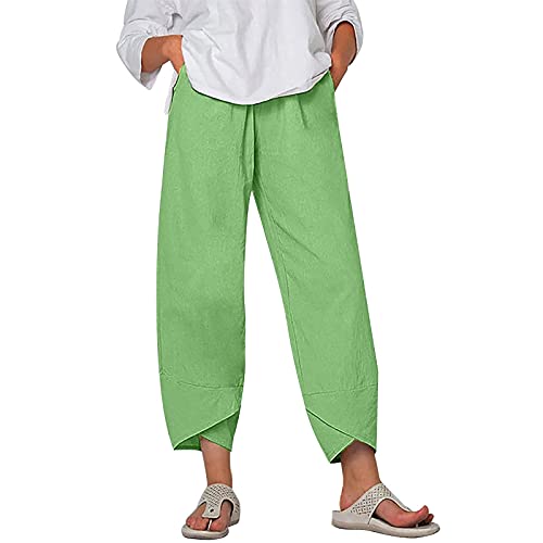 Image of Womens Cotton Linen Capri Pants Casual Elastic Printed Ankle Pants | Cotton Linen Capri Pants for Women 2025 Casual Printed Cropped Palazzo Pants Elastic Waist Lounge Baggy Trousers