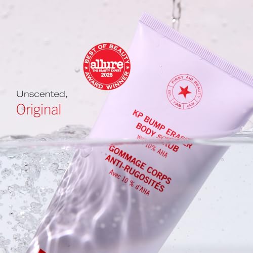 Image of First Aid Beauty KP Bump Eraser Body Scrub with 10% AHA - Dermatologist-Tested Keratosis Pilaris Exfoliator - Support for Rough Bumps, Uneven Skin Texture & Strawberry Skin - Sensitive Skin