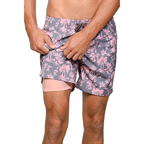 INGEAR Men's Swim Trunks - Quick Dry Moisture Wicking Swim Shorts with Compression Liner, Men's Bathing Suit Sizes S-XXL (Medium, Salmon Palms) Cover