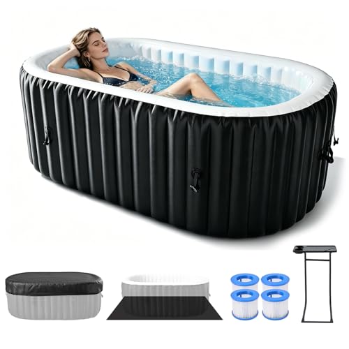 2 Person Inflatable Hot Tub with Side Table, Oval Blow Up Portable Hot Tub, Leak-Proof PVC Outdoor Spa with 100 Strong Air Jets, Heater Pump and Insulated Cover, 75” X 47”X 25”