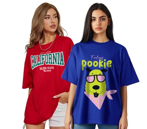 Image of JUNEBERRY 100% Pure Cotton, Pack of 2,Round Neck, Oversized Loose,Drop Shoulder,Graphic Printed, Half Sleeve T-Shirts for Women & Girls, in Different Colors, with Sizes Range from S to 2XL.