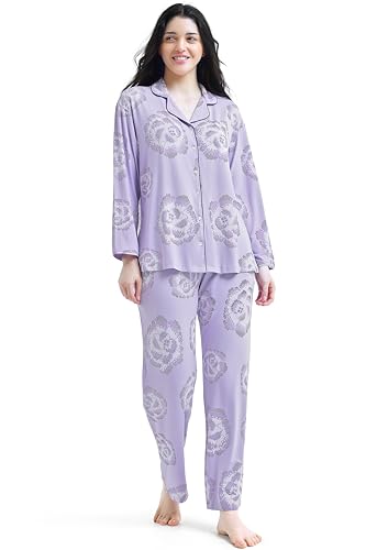 Image of Night Suit for Womens Floral Printed Modal Night Dress of Shirt and Pajama Set 9365