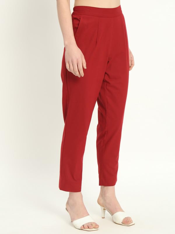 Image of Women's Solid Straight Fit 100% Cotton Trousers | High Waist, Side Pockets, Ankle Length Pants for Office, Casual